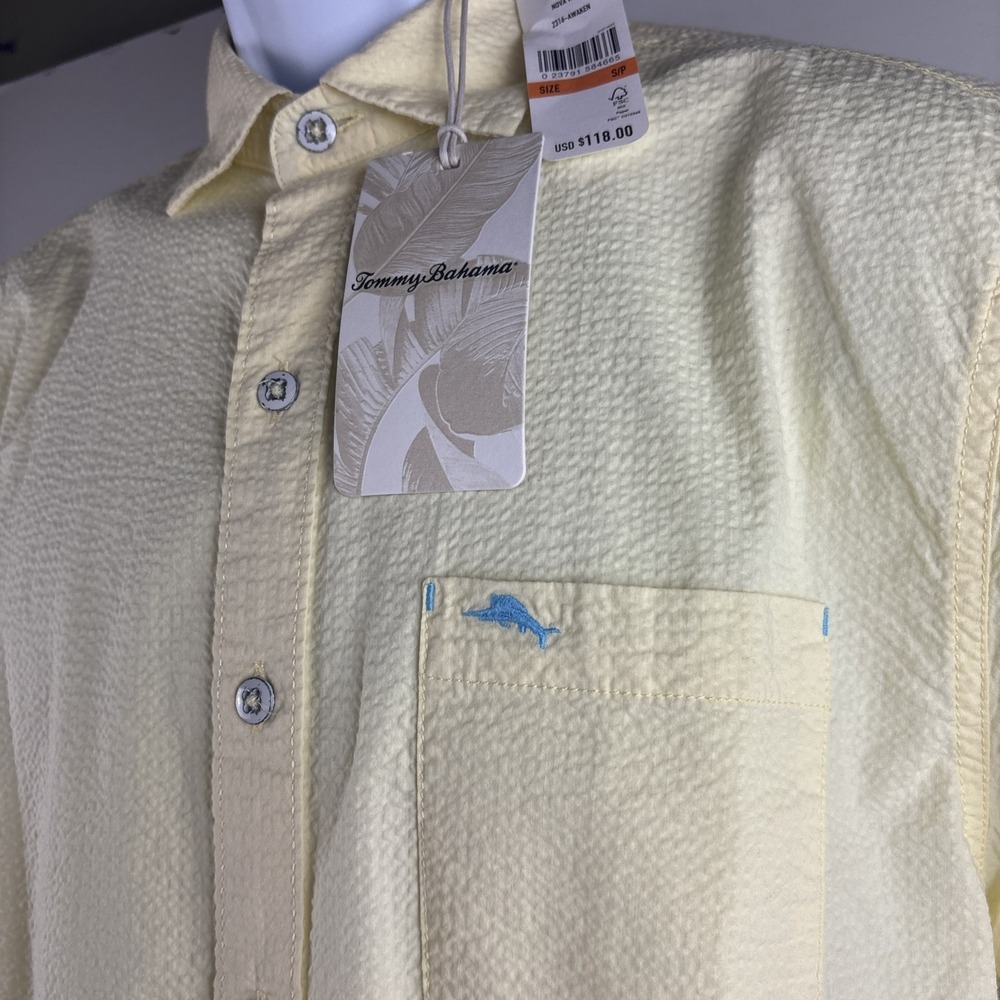 TOMMY BAHAMA Nova Wave Seersucker Shirt Mens S Yellow Short Sleeve Button Up NWT